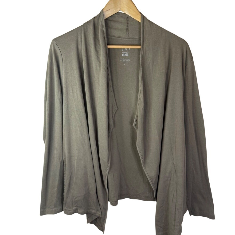 J.Jill Perfect Pima Cascade Cardigan Medium Olive Green Cotton Open Front Womens